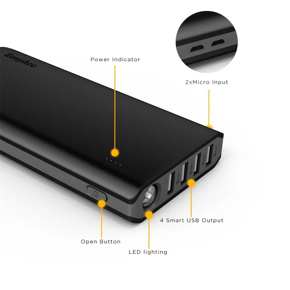 20000 мАч Запасные Аккумуляторы для телефонов, easyacc двойной Порты USB Портативный внешний Батарея с фонариками Quick Charge Портативный Универсальный 20000 мАч
