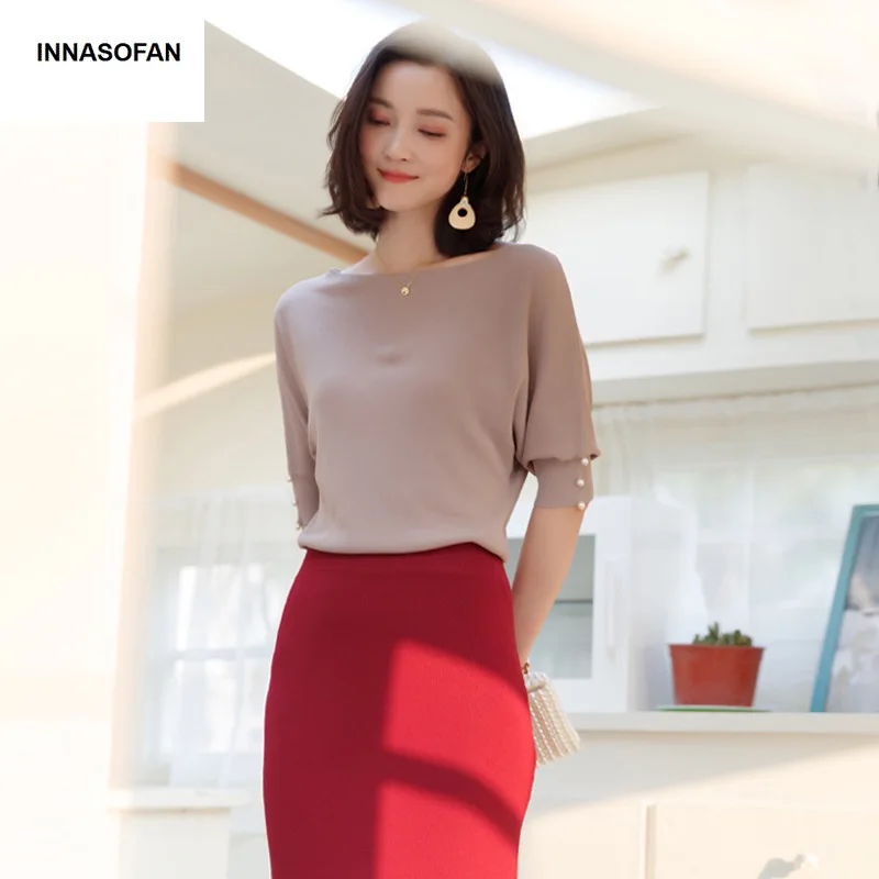 INNASOFAN sweater women's Spring-summer Eurasian fashion elegant with open collar and pearls | Женская одежда
