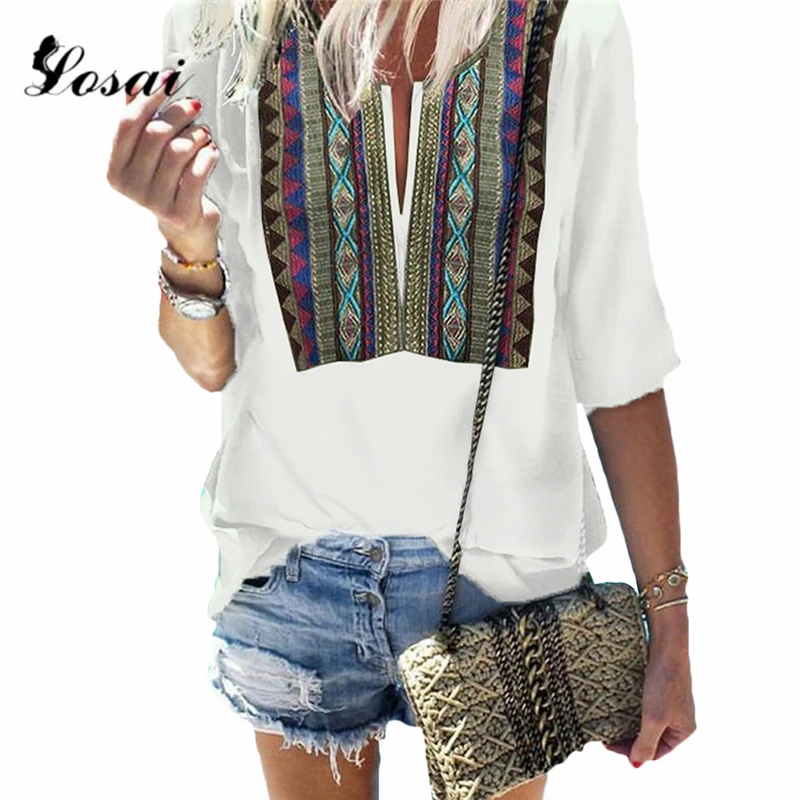 Женская пляжная туника Boho летняя с коротким рукавом и треугольным вырезом