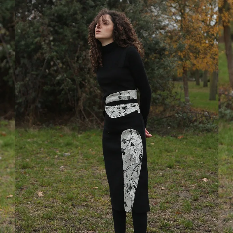 2019 Summer Gloria&ampGrace Elegant Spaghetti Strap Black Knitting Patchwork Blossom Floral Flowers Print Pattern Mid-Calf Dress | Женская