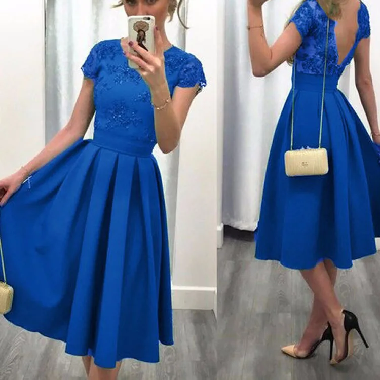 purplish blue Элегантные кружевные вечерние платья с вышивкой, модное плиссированное платье с круглым вырезом и коротким рукавом, однотонное сексуальное Клубное платье с высокой талией и открытой спиной зеленого цвета - Цвет: purplish blue