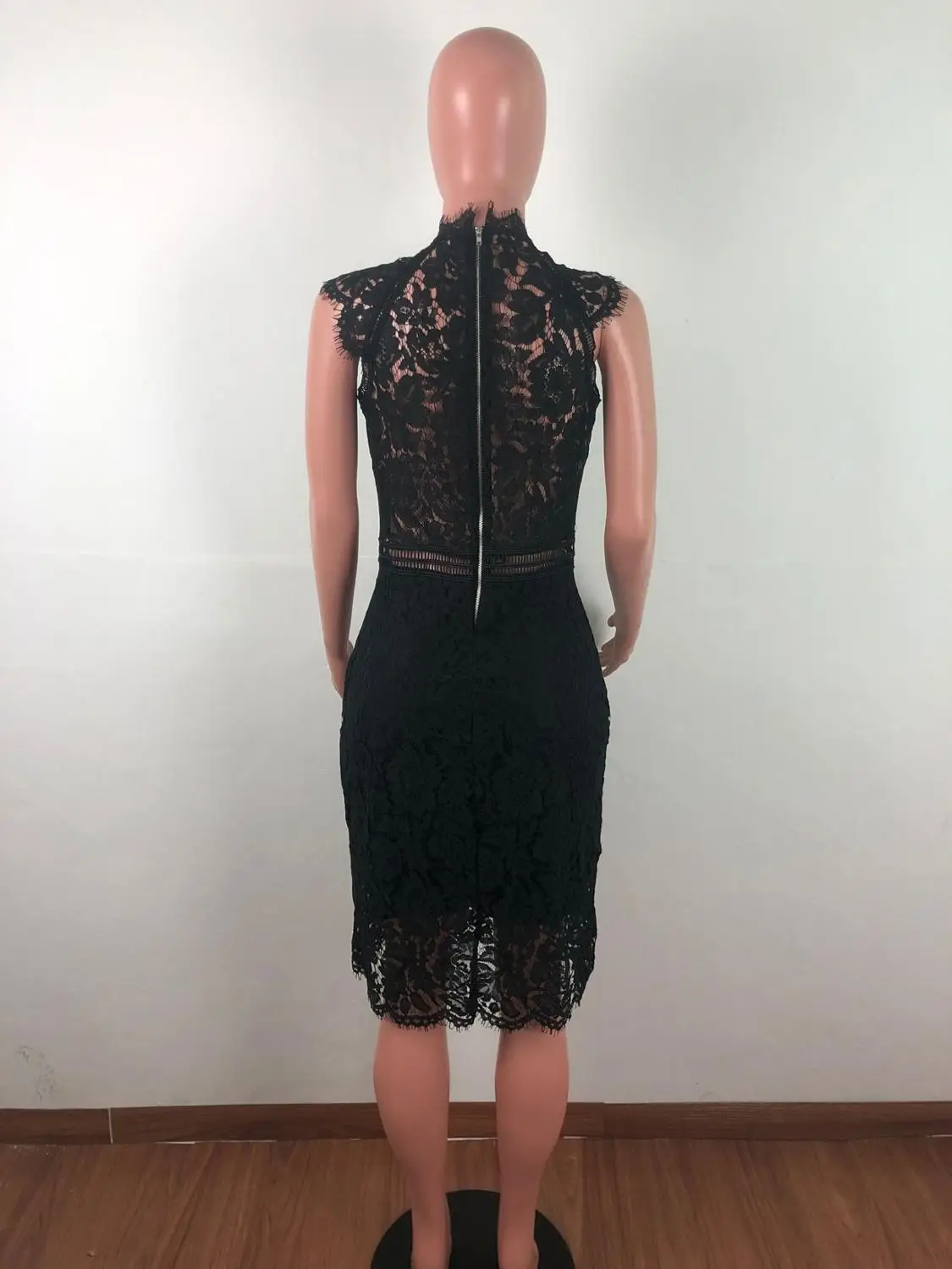

Sexy Eyelash Transparent Mini Lace Dress Women Elegant O Neck Sleeveless Hollow Out Women Dress Casual Zipper Slim Dress Vestido