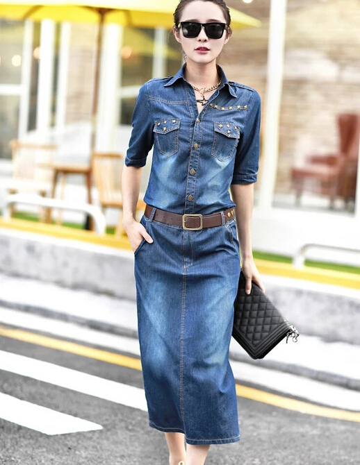 Весеннее женское джинсовое платье летнее с коротким рукавом и отворотом макси