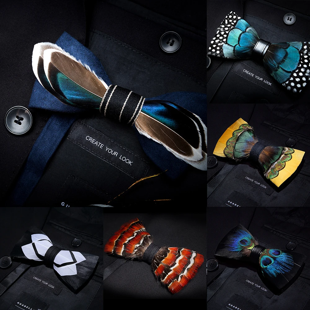 KAMBERFT designer brand Handmade Feather and Leather Pre-tied Bow tie and Brooch Sets for Men wedding party best gift Cravate