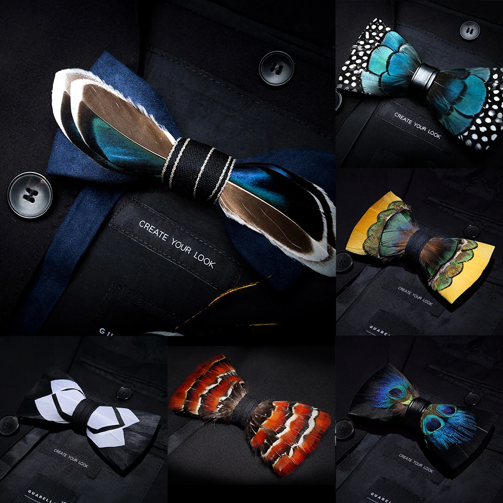 

KAMBERFT designer brand Handmade Feather and Leather Pre-tied Bow tie and Brooch Sets for Men wedding party best gift Cravate