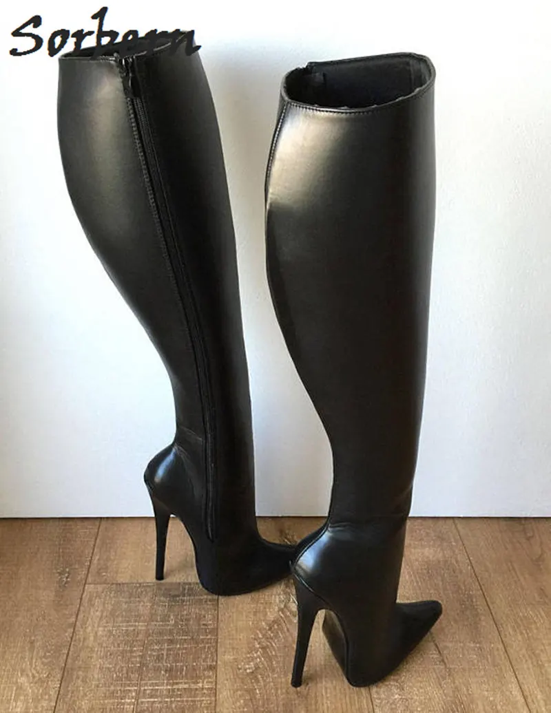 

Sorbern 18Cm Matte Black High Knee Boots Spike High Heel Shoes Ladies Wide Calf Boots Sexy Fetish Shoes Plus Size 45 Custom