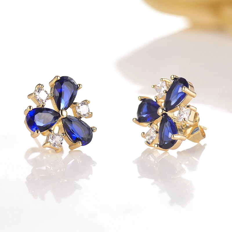 Женские Треугольные Серьги гвоздики С трехцветным клевером и голубым кубическим