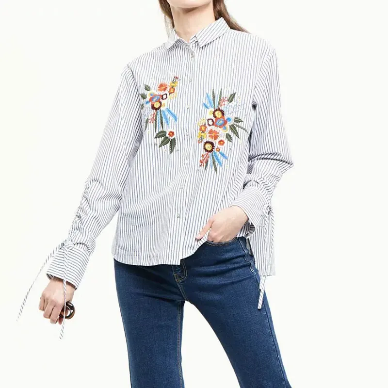 womens tops and blouses 2018 autumn tunics embroidery long sleeve striped shirt feminina office lady white shirts work wear |