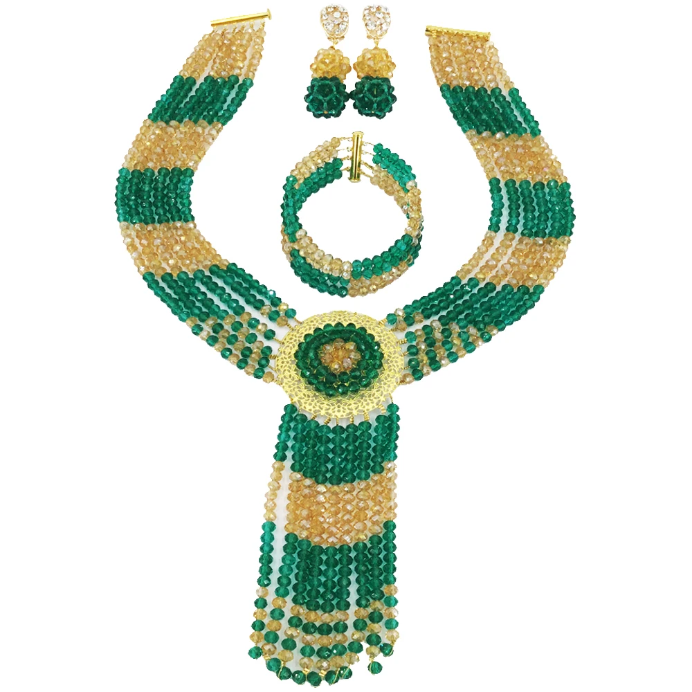 

Teal Green Army Green Champagne Gold AB Crystal Beads African Necklace Sets Nigerian Wedding Jewelry Sets for Women 6CXLS03