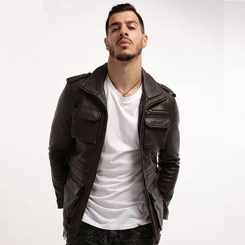 Мужская Длинная кожаная куртка коричневая зимняя из натуральной воловьей кожи в
