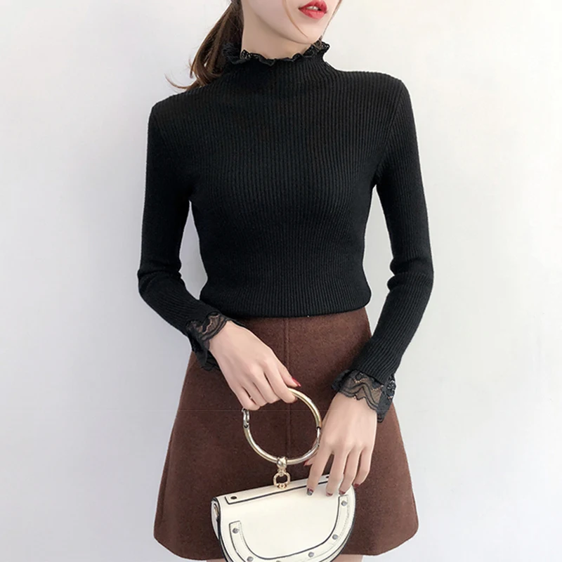 Кружевные свитера с высоким воротником для женщин 2019 осенне-зимний пуловер