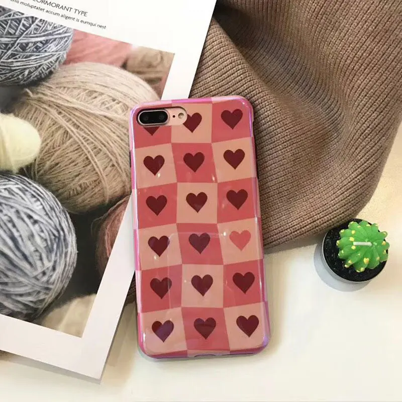 Boucho Blu-ray Glossy Phone Case For iphone 8 Cases X 6 6s 7 Plus Soft Silicone Lattice Love Heart Pattern Back Cover |