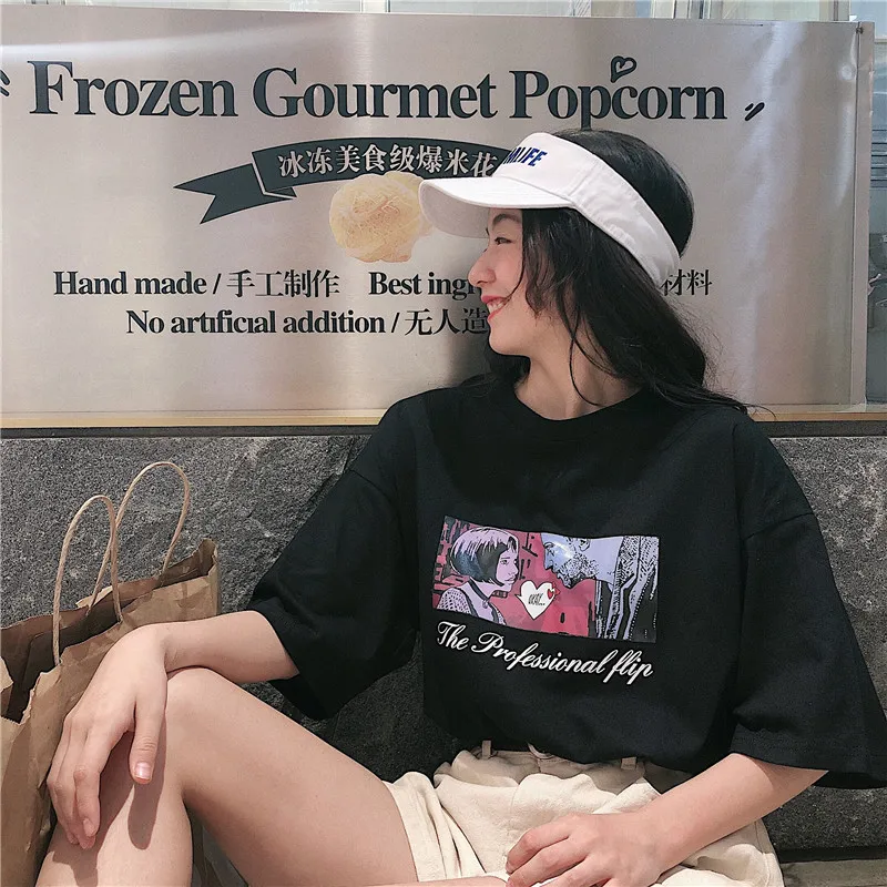 Летняя женская футболка корейский стиль одежда Ulzzang Harajuku мультяшная кавайная с