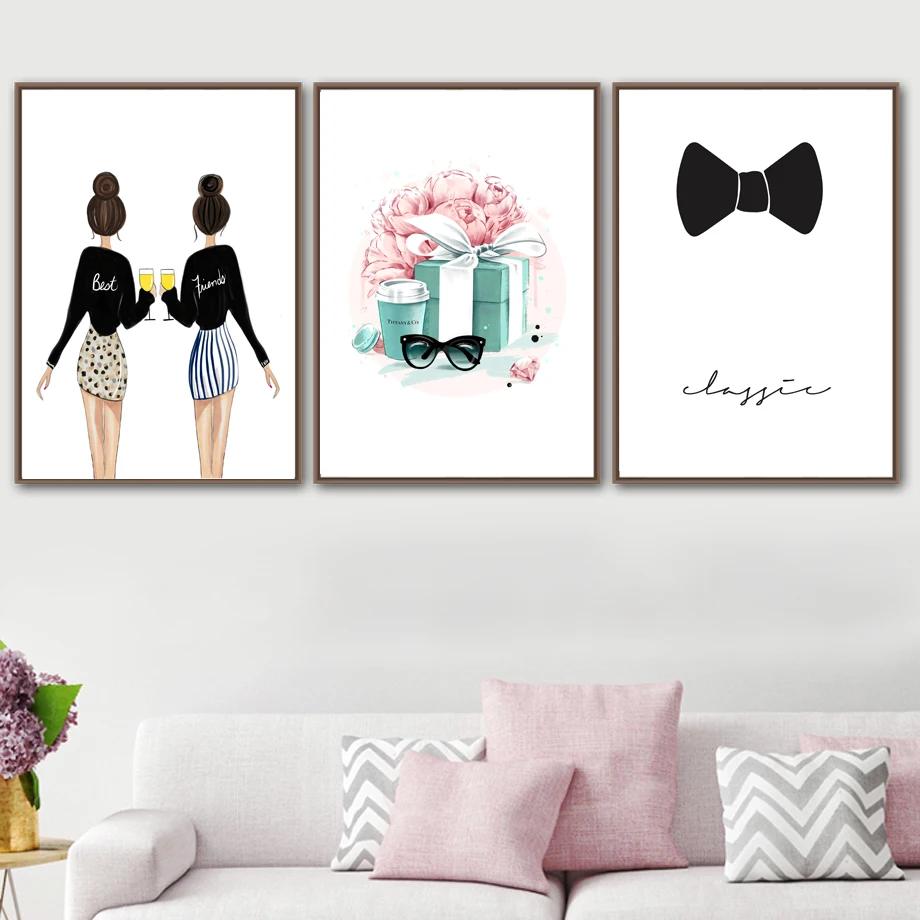 

Fashion Girl Glasses Flower Gift Bow Wall Art Canvas Painting Nordic Poster And Prints Wall Pictures For Living Room Home Decor