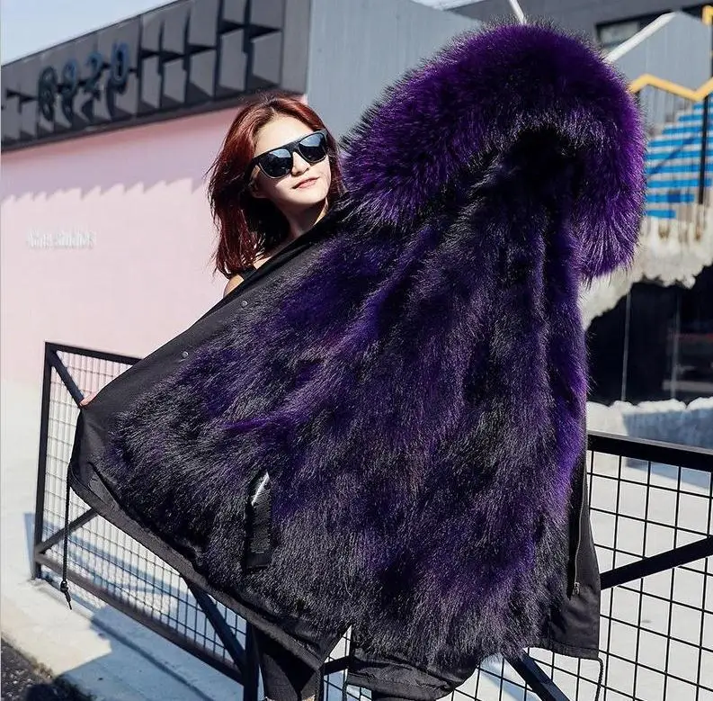 Black purple Зимняя женская куртка с воротником из натурального меха, европейский стиль, зимняя женская очень теплая меховая подкладка, пуховик, зимнее пальто, женские теплые парки - Цвет: Black purple