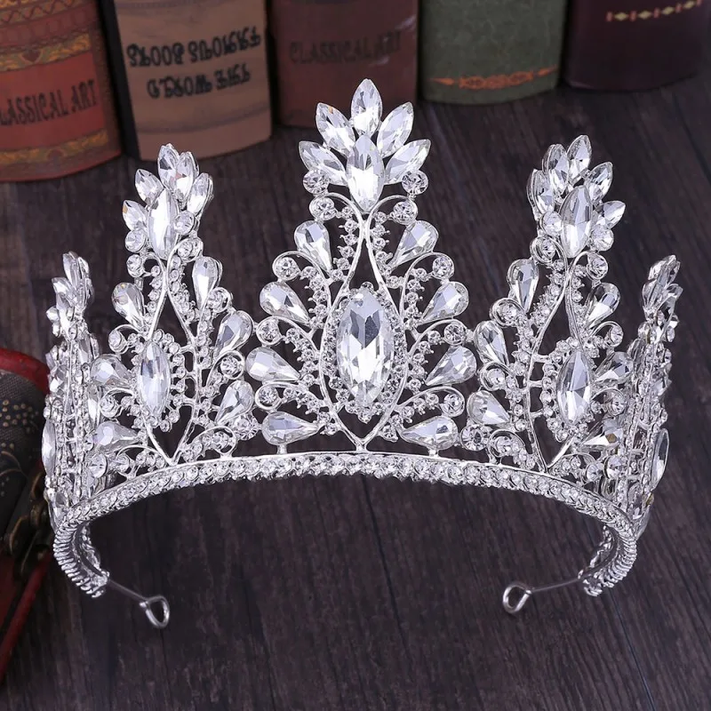 Silver White Свадебная Корона-Тиара в стиле барокко, розовое золото, кристалл, большие стразы, диадема, вуаль, тиара, свадебная повязка на голову, аксессуары для волос - Окраска металла: Silver White