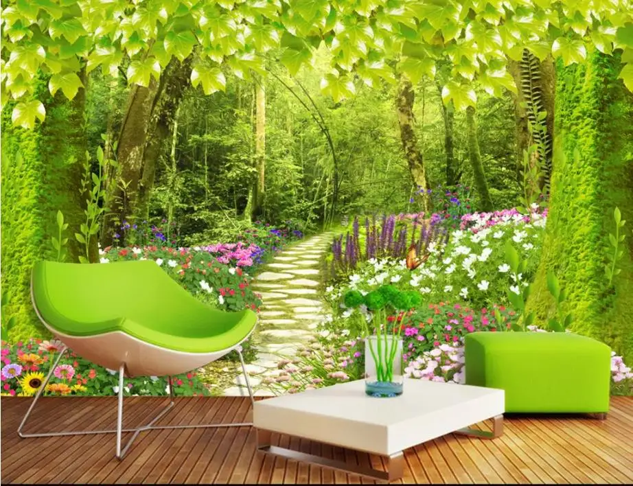 

Custom 3d wallpaper Forest path, flowers and plants wallpapers for living room photo wallpaper 3D TV background wall mural