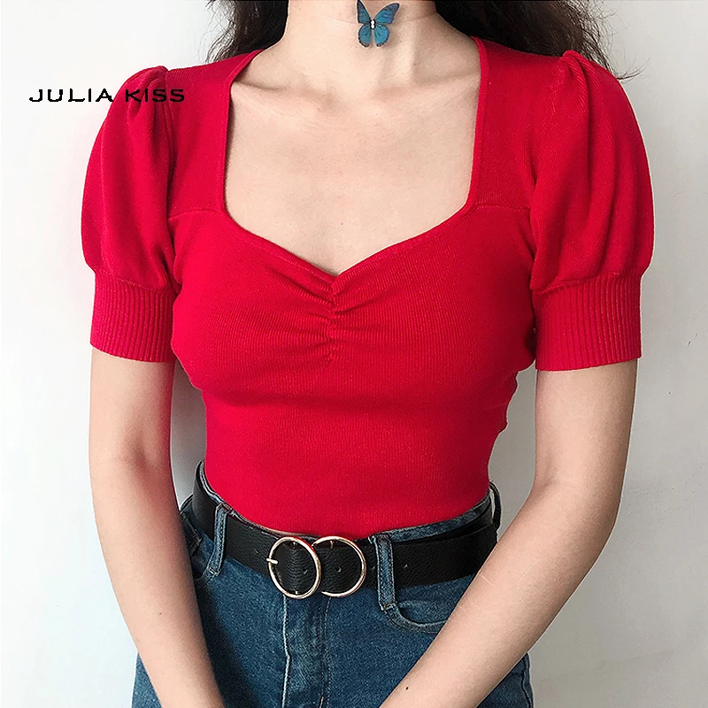 

Women Petite Puff Sleeve Knit Top Sweetheart Neck Ruched Front Crop Knitting Top