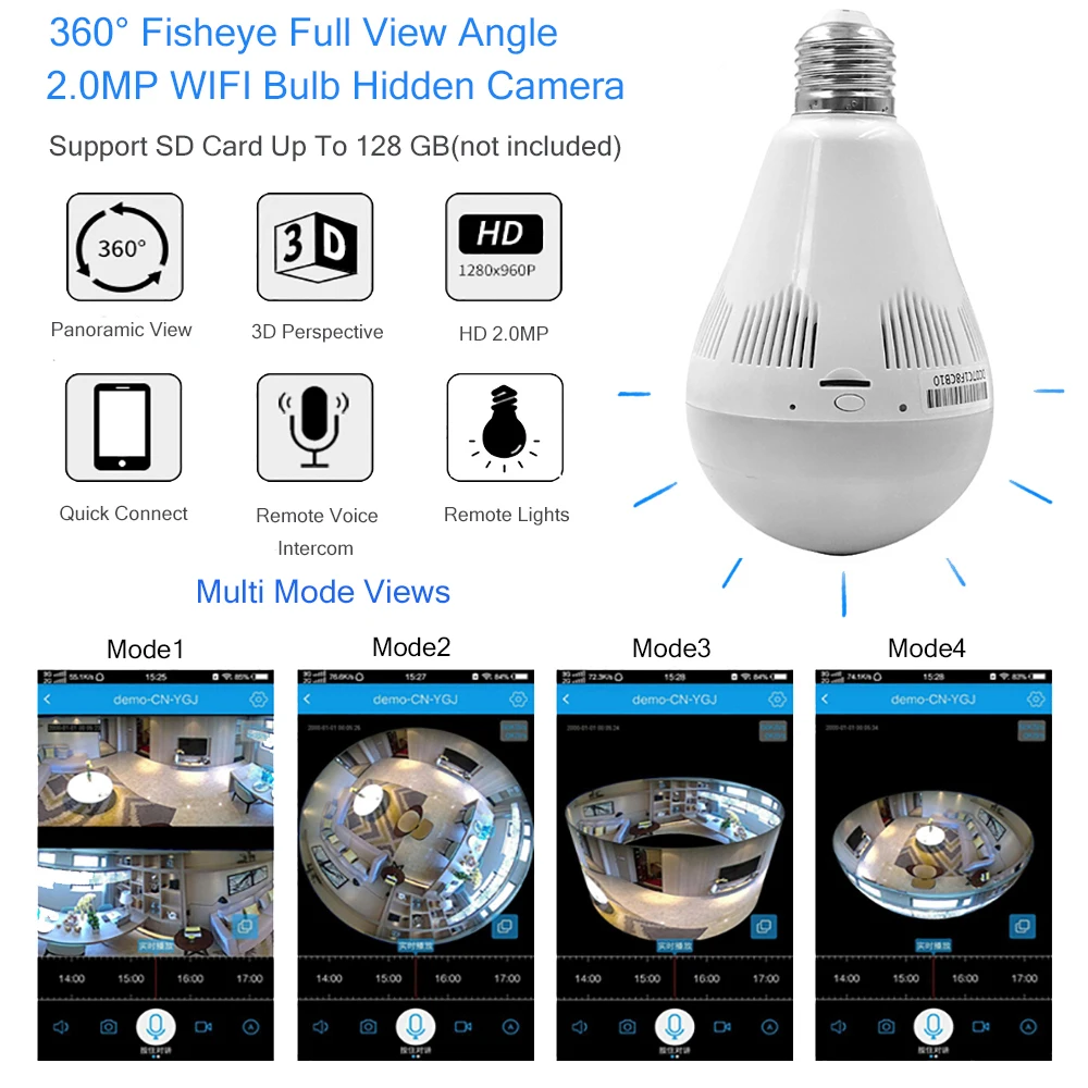 Wi-Fi IP светодиодное освещение лампы CCTV камера 360 градусов панорамные рыбий глаз 1.3MP ночное видение инфракрасный беспроводной
