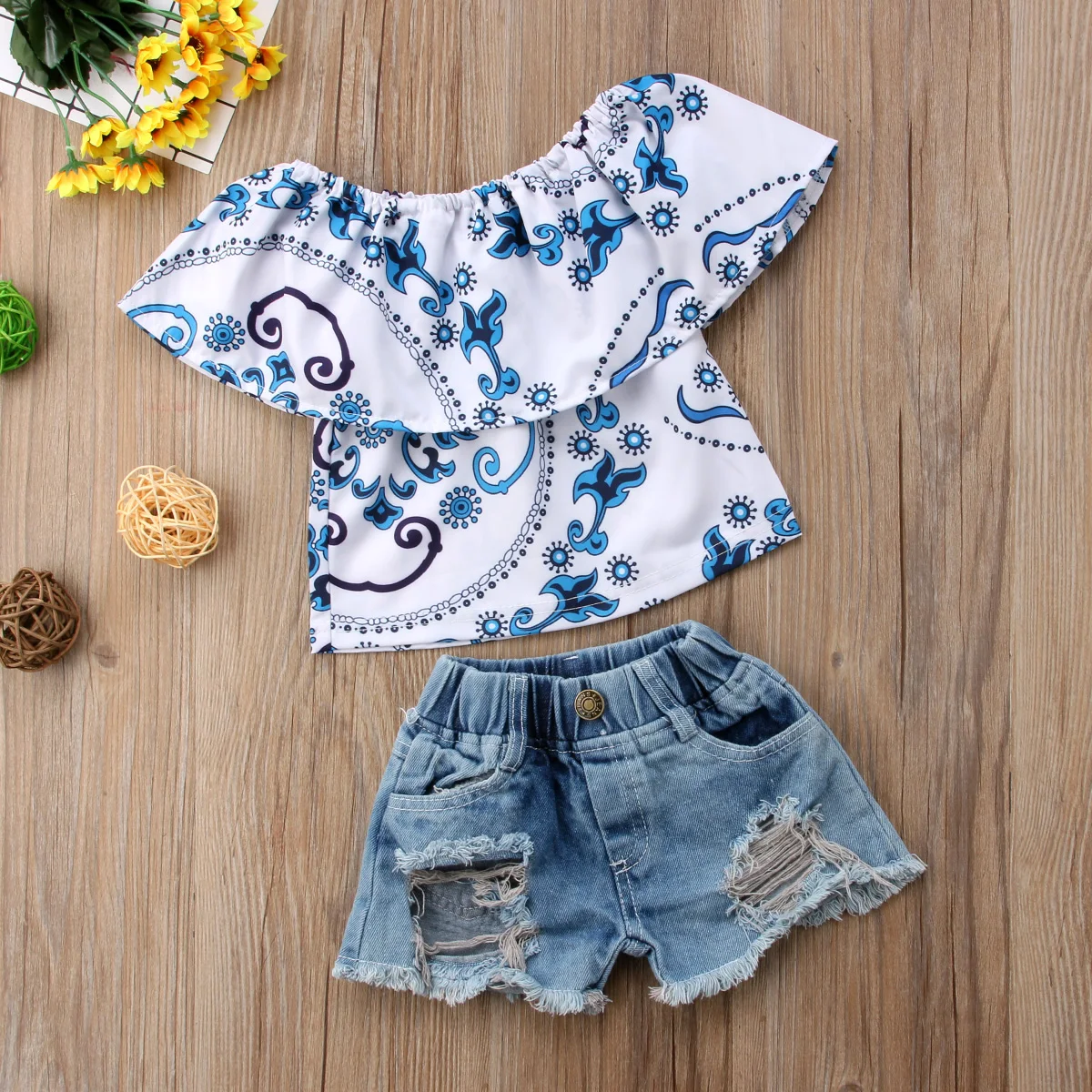 

Kids Baby Girl Top Floral T shirt Ripped Jeans Denim Shorts Casual Outfits Set 2PCS Clothes Fashion Raglan Sleeve Clothing