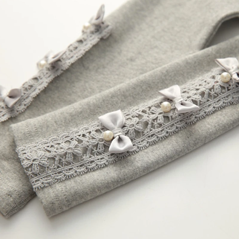 Autumn Spring 100-150cm 3-12 Years Cotton With Pearls Bow Flower Floral Lace Decoration Patchwork Baby Kids Girl Leggings