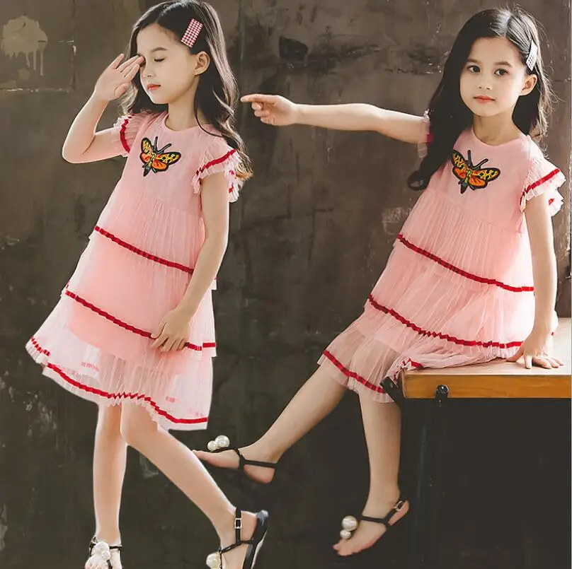 New Retail 2019 Summer Children Girls Butterfly Embroidery Pleats Cake Dresses Kids Fashion Boutique Pink Dress Free Shipping | Детская