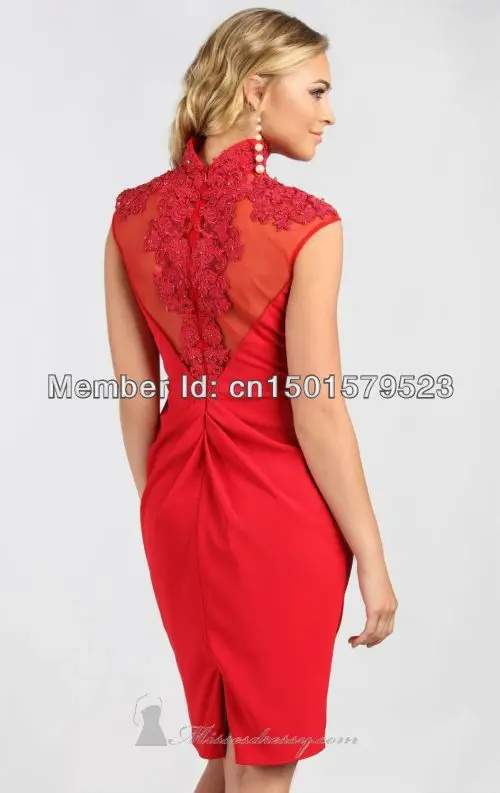 High-neck Formal Dress Sexy Cocktail Dresses Guest Red Sheath Applique Cape Sleeve Knee Length Pleat Diamonds | Свадьбы и торжества