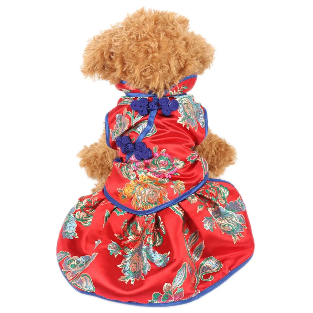 Платья для кошек и собак с вышитыми цветами цвет красный синий Cheong-sam стильные