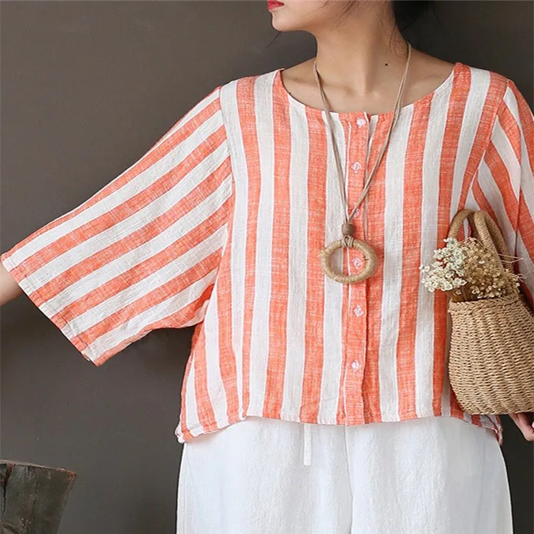 2019 Summer Women Vintage O-Neck Cotton Linen Striped Blouses Three Quarter Casual Button Loose Shirt Seven Sleeve Tops |