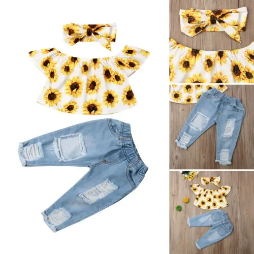 3 шт. футболка с открытыми плечами и джинсовые брюки | Мать ребенок