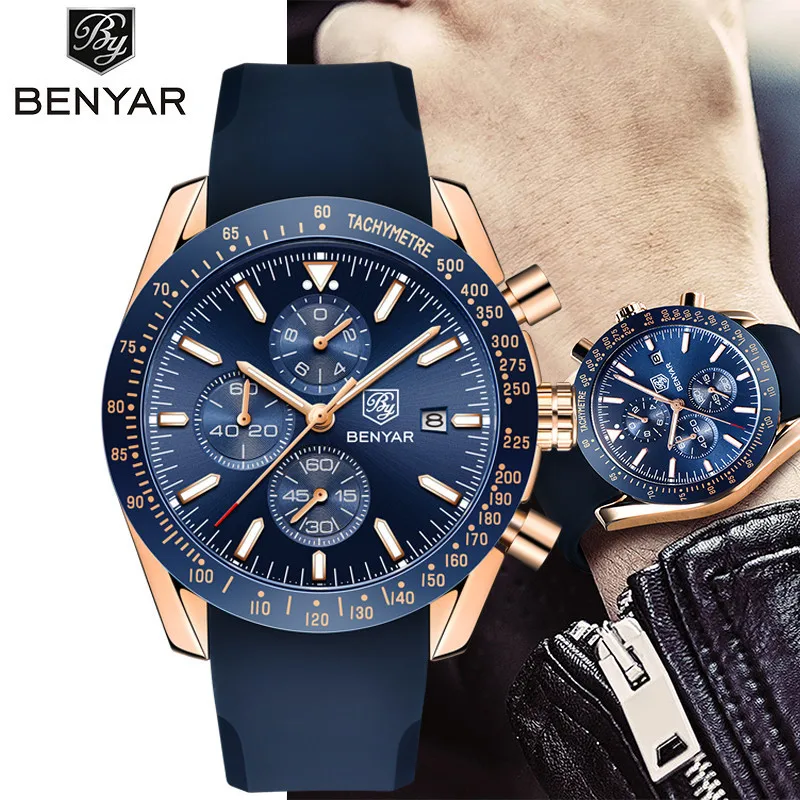 

BENYAR New Men Watch Top Brand Business Silicone Strap Waterproof Sports Quartz Chronograph Military Watch Men Relogio Masculino