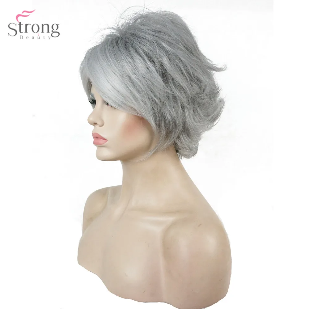 StrongBeauty женские Серебристые серые Короткие вьющиеся натуральные парики синтетические термостойкие волокна полный парик