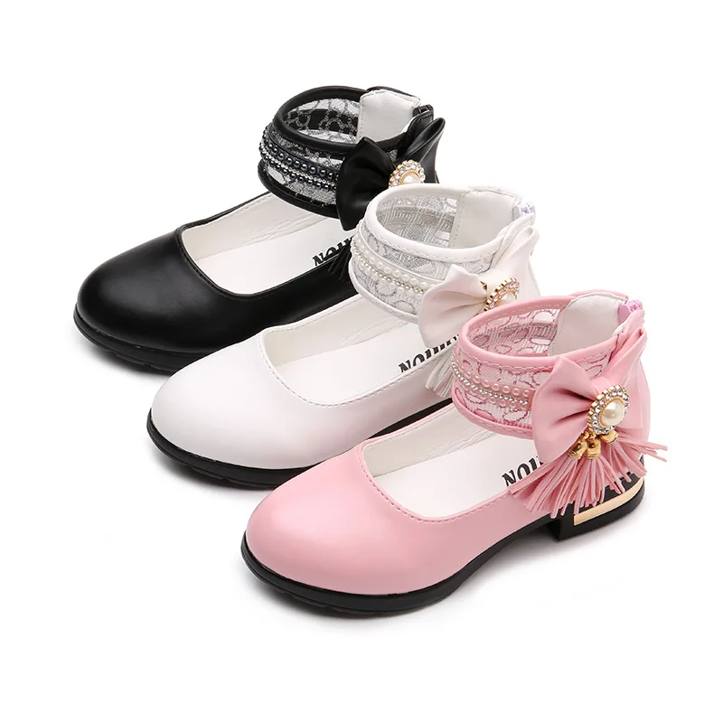 New Girls Shoes With Bow-tie Fashion Pearl Princess Spring Autumn Children High Heels Black White Pink A847 |