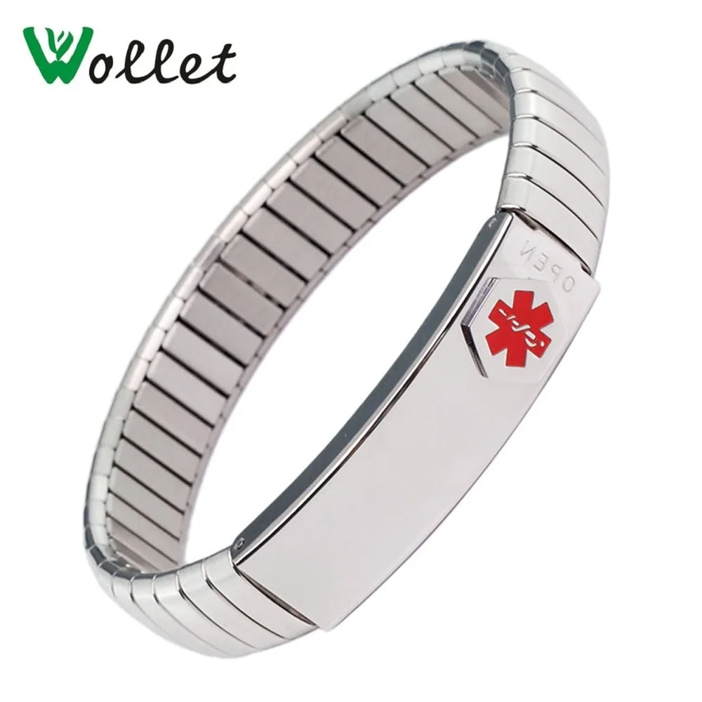 

Wollet Jewelry ID Bangle Elastic Stainless Steel Medical Alert Bracelet for Men Women Personalised Customized Medical Card