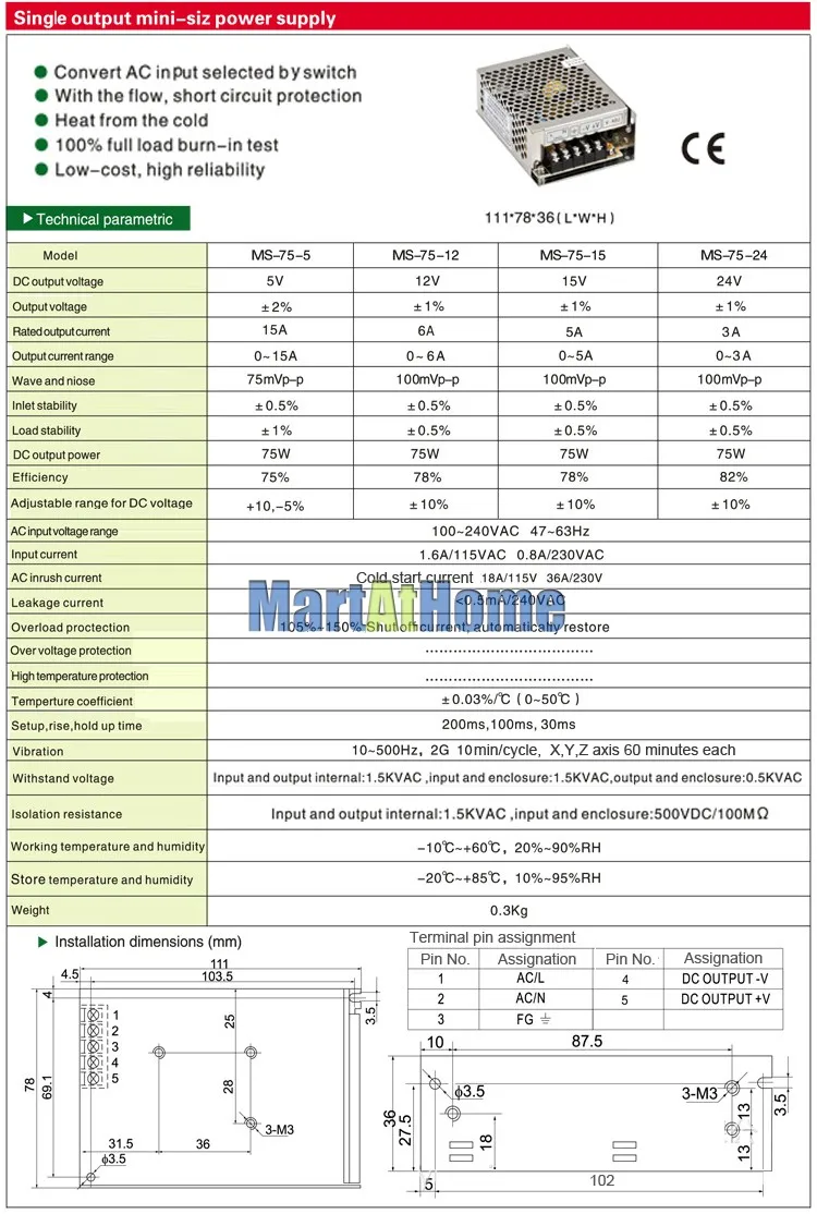 Мини импульсный источник питания 75W 12 V/24 V DC 6A/3A одиночный выход защита от перегрузки