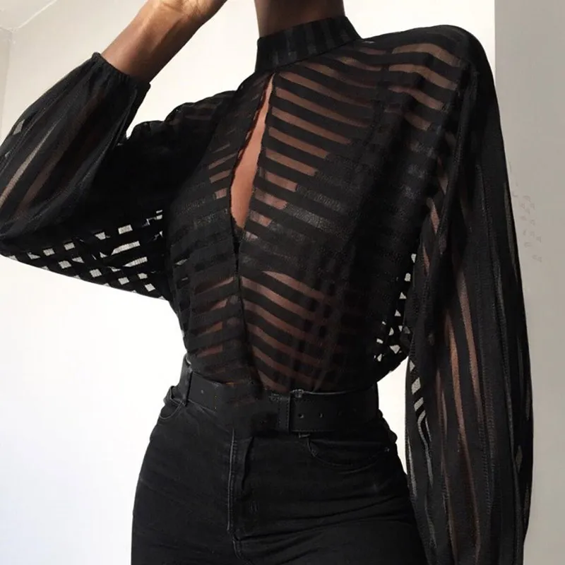 Полосатая сетчатая блузка для женщин прозрачные открытые женские топы офисные