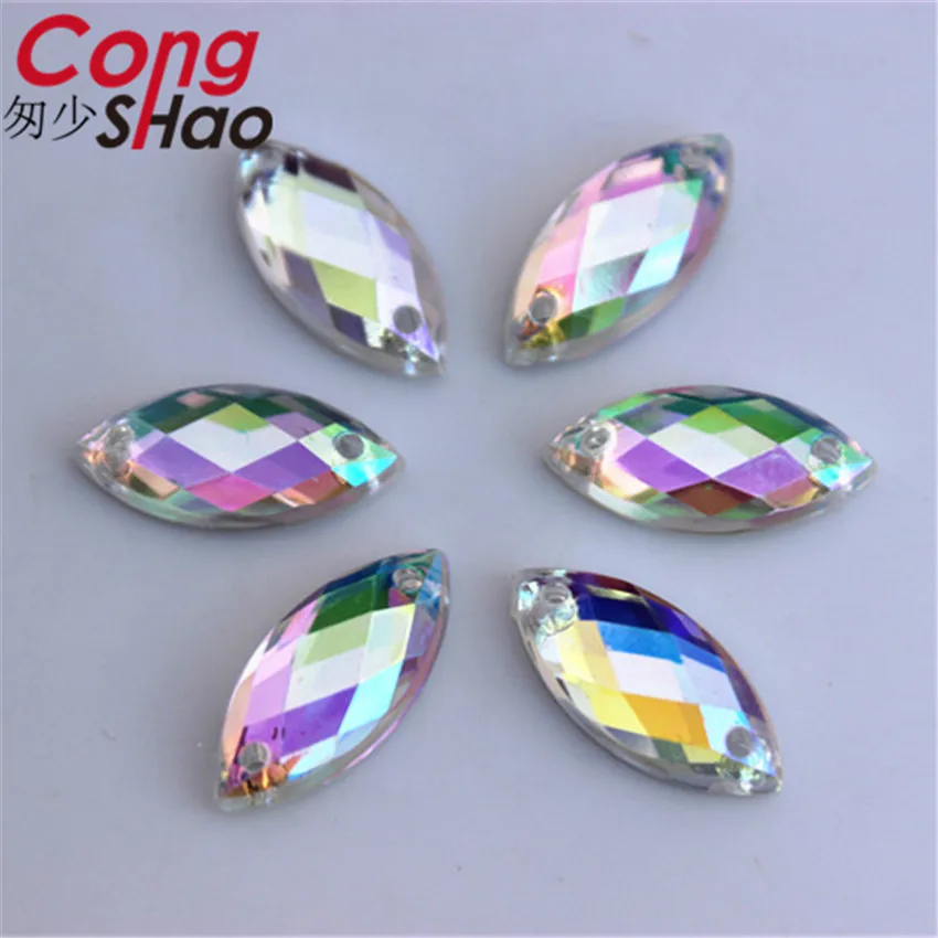 Прозрачные стразы Cong Shao 300 шт. 7*15 мм AB для шитья с плоской задней стороной пуговицы