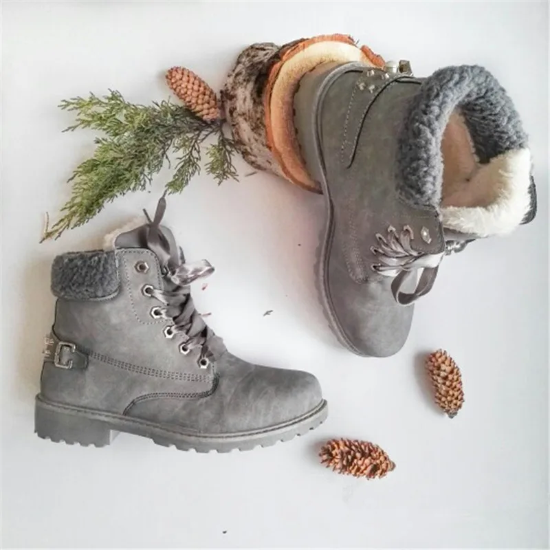 New Pink Women Boots Lace up Solid Casual Ankle Booties Round Toe Shoes winter snow boots warm british style MAZIAO | Обувь