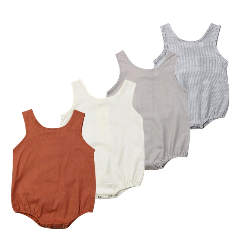 Новый однотонный комбинезон из хлопка и льна для маленьких девочек мальчиков