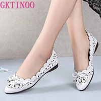 gktinoo breathable genuine leather summer shoes woman 2021 flat low heel bowknot hollow out leather slip on shoes for women soft