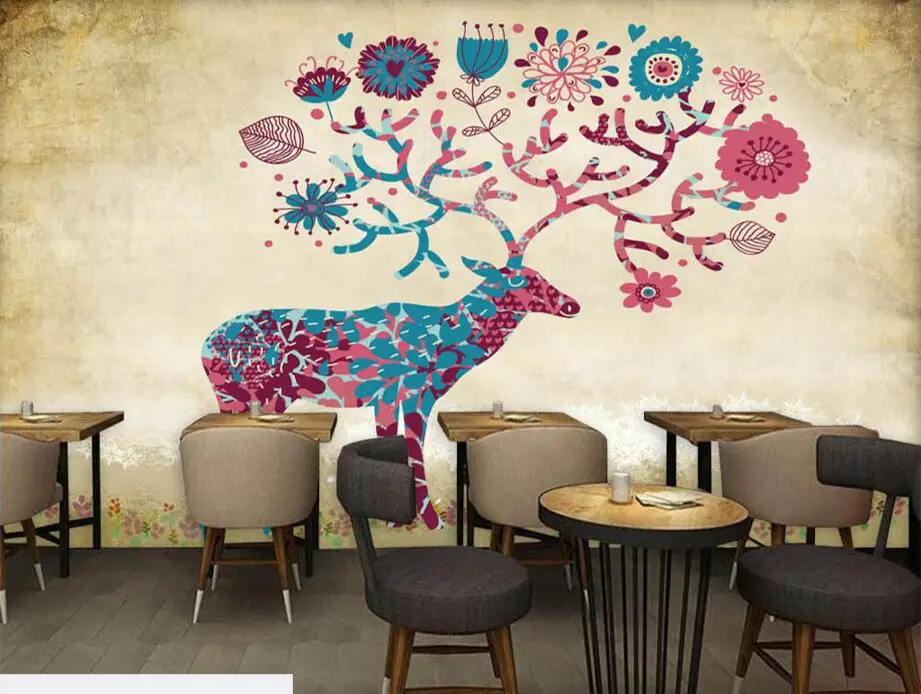 Обои на заказ в стиле ретро с ручной росписью виде оленя 3D фотообои для гостиной