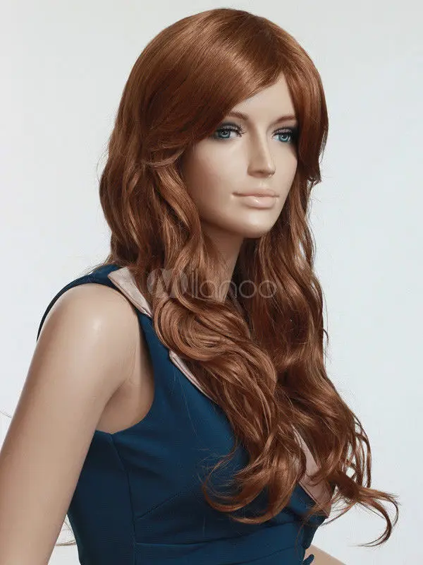 Новый Коричневый Длинные Вьющиеся Стильный женщины Синтетический Парик USPS