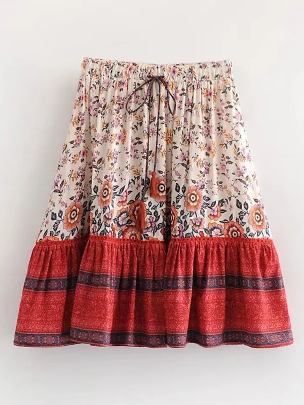 

Boho Summer Skirt Drawstring Printed Mini Skirt for Women