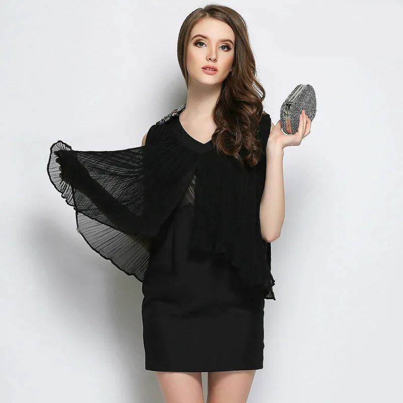 

Black Wrap Mini Dress for Ladies Sleeveless Mesh Patchwork Bandage Bodycon Dress Women with Beading Solid Office Work Dresses