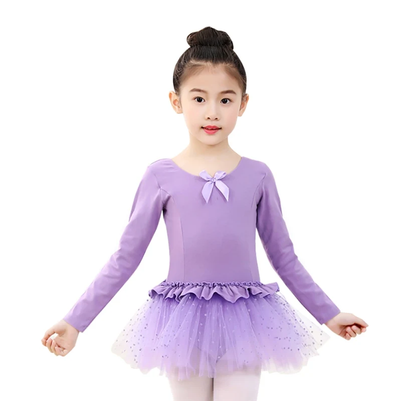 

Hot Long sleeved Gymnastics Leotard Ballet Dancing Dress Kids Bowknot Dance Wear With Dots Skirt