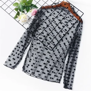 Женская пикантная Прозрачная Кружевная сетчатая рубашка, ажурная прозрачная нижняя рубашка в горошек со звездами, топы со звездами, полосатые рубашки блузки