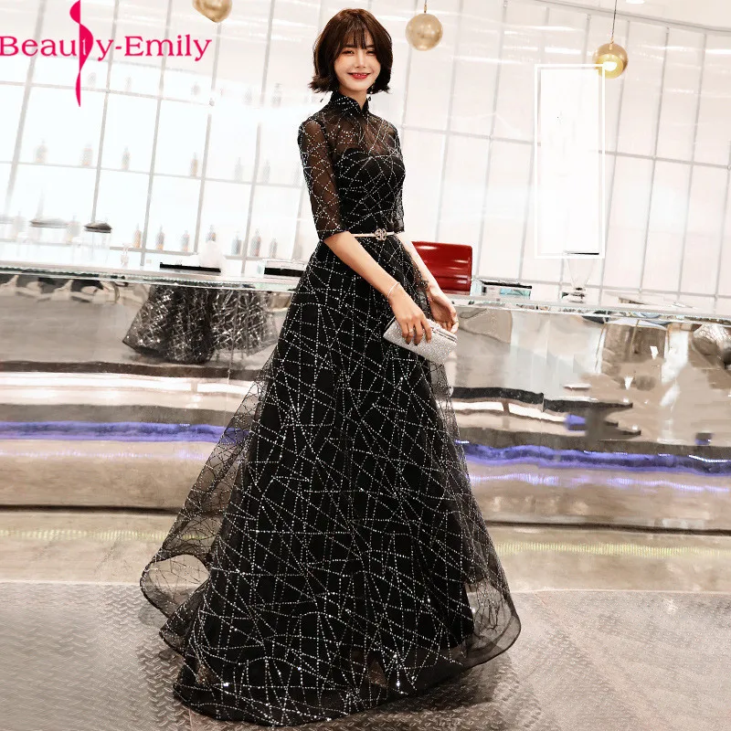 Beauty Emily Elegant Evening Dresses Black Sequined A Line Sexy Illusion Stain Heavy Beaded Formal Dress with Sashes | Свадьбы и