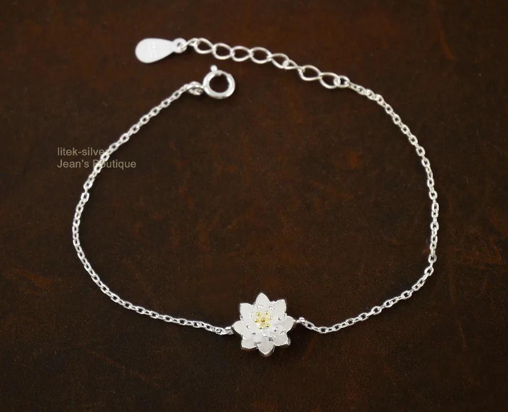 Женское серебряное ожерелье цепочка с цветком лотоса золотыми тычинками