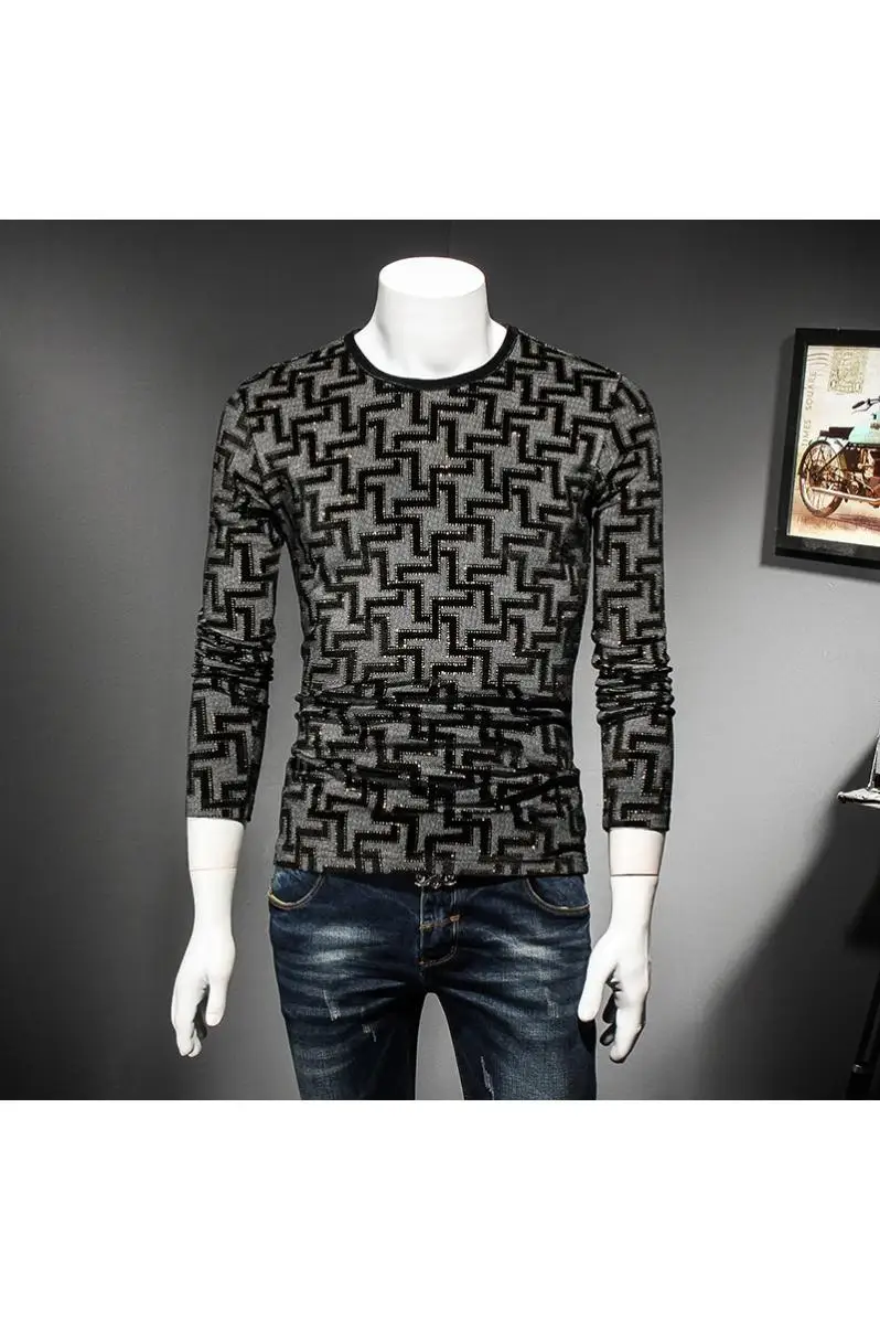 Новинка осень 2017 Мужская модная футболка с длинными рукавами и принтом золотого