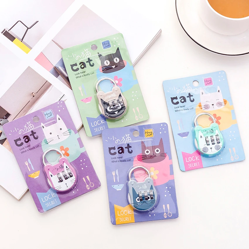 1pc Cute Cat Luggage Padlock Suitcase Backpack Password Lock Cartoon Mini Keyed Padlock Journal Notebook Handbag Code Locks
